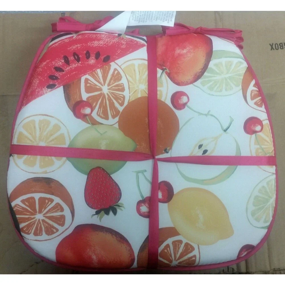 Set of 4 KITCHEN CHAIR PADS CUSHIONS w/ pink strings,COLORFUL FRUITS 15
